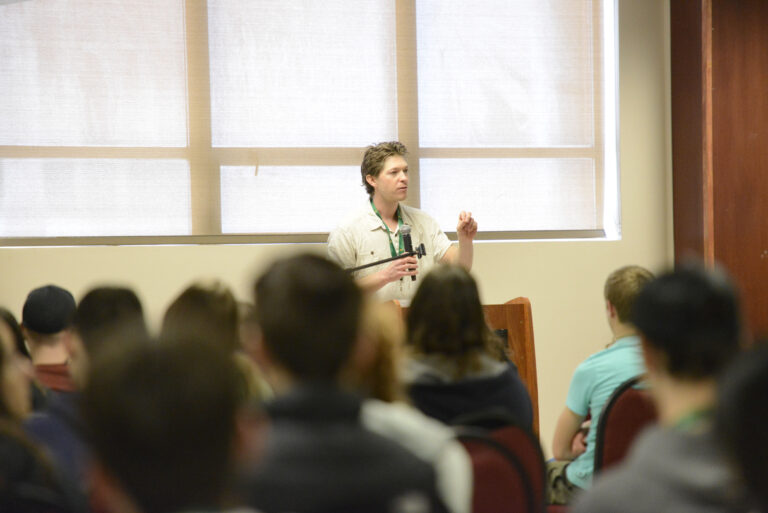 Main keynote Tanner Kalina speaks to high school students during breakout session on Saturday.
